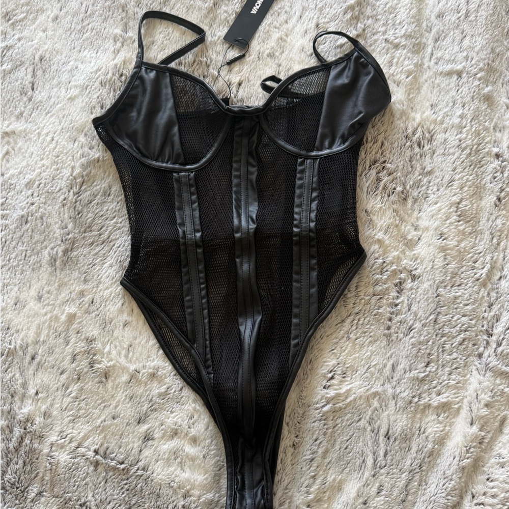 Fashion Nova Black Mesh and Satin Bodysuit